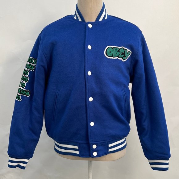 Obey Varsity Jacket "Roll Call" Royal Blue/White - Picture 1 of 7
